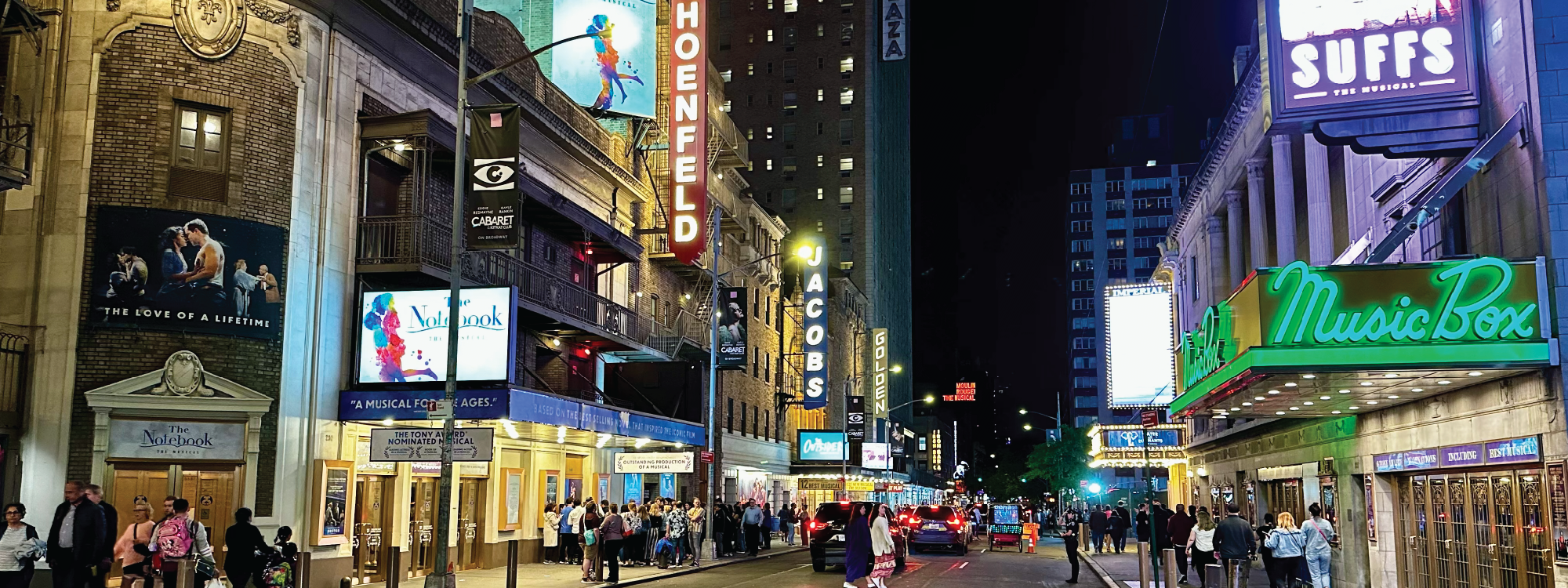 Times Square in New York City at night, with many show signs in lights.