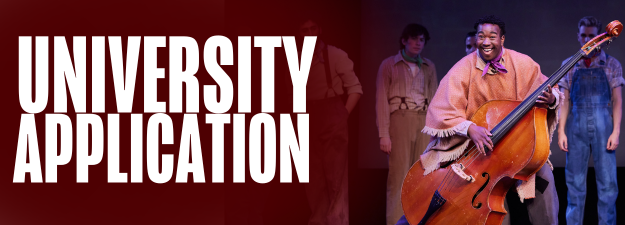 Student performing on a double bass in the musical Crazy for You with the words University Application in white on top of a red blur.