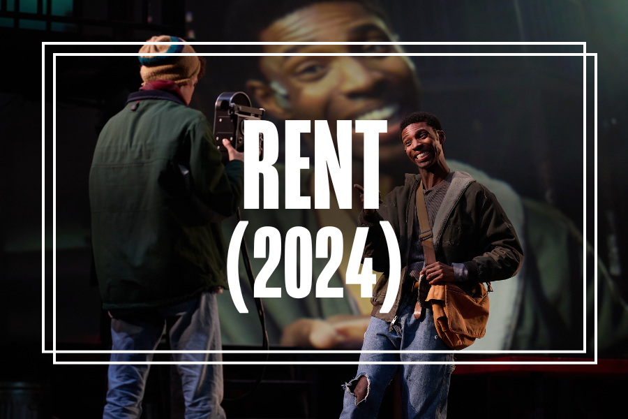 "RENT (2024)" in white text overlaying a photo of Musical Theatre students performing.