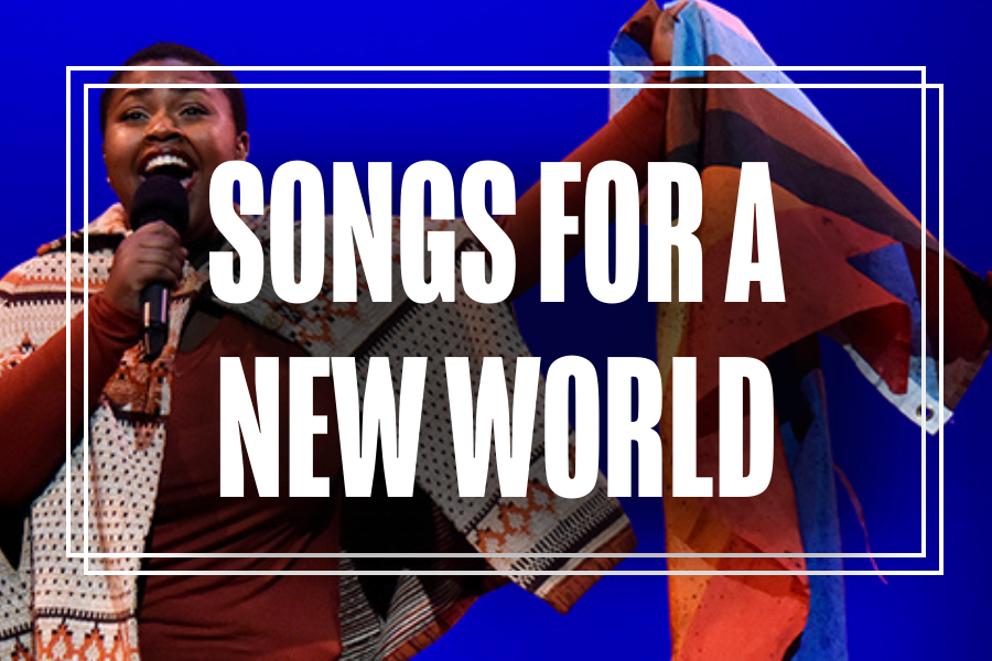 "Songs for a New World" in white text overlaying a photo of Musical Theatre students performing.
