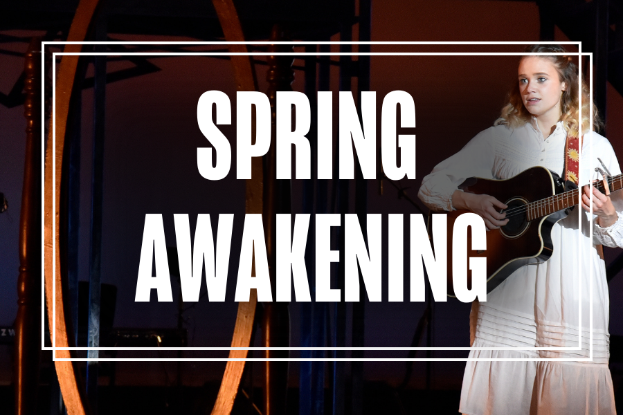"Spring Awakening" in white text overlaying a photo of Musical Theatre students performing.