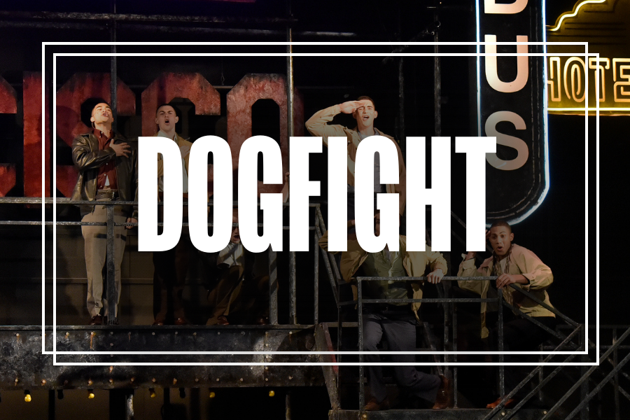 "Dogfight" in white text overlaying a photo of Musical Theatre students performing.