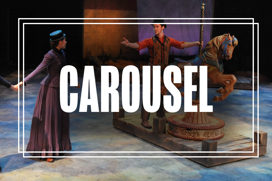 "Carousel" in white text overlaying a photo of Musical Theatre students performing.