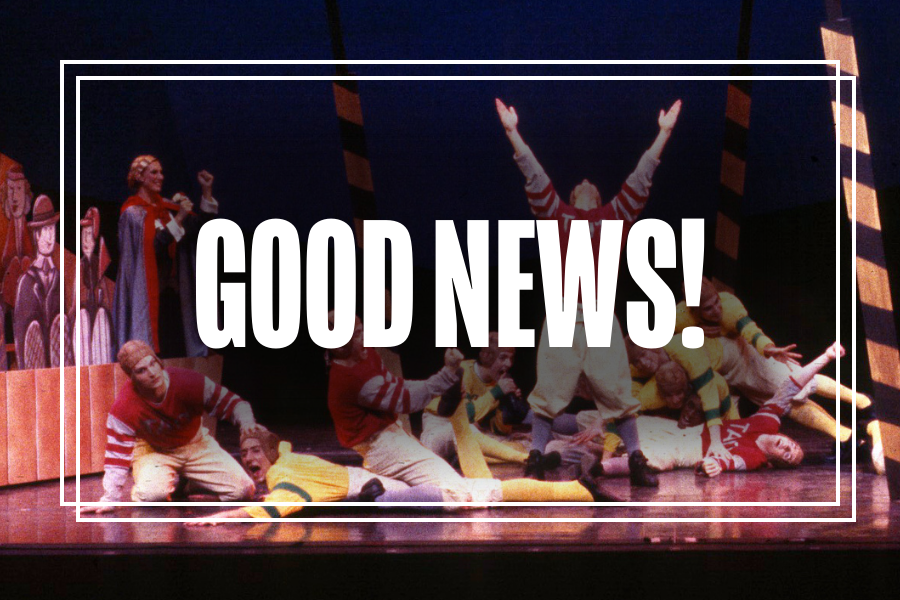 "Good News!" in white text overlaying a photo of Musical Theatre students performing.