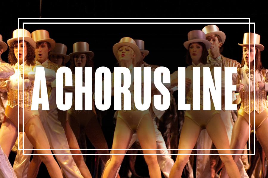 "A Chorus Line" in white text overlaying a photo of Musical Theatre students performing.