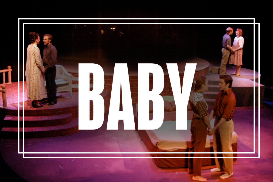 "Baby" in white text overlaying a photo of Musical Theatre students performing.
