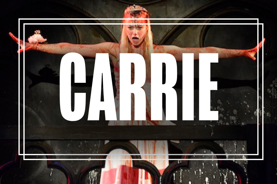 "Carrie" in white text overlaying a photo of Musical Theatre students performing.