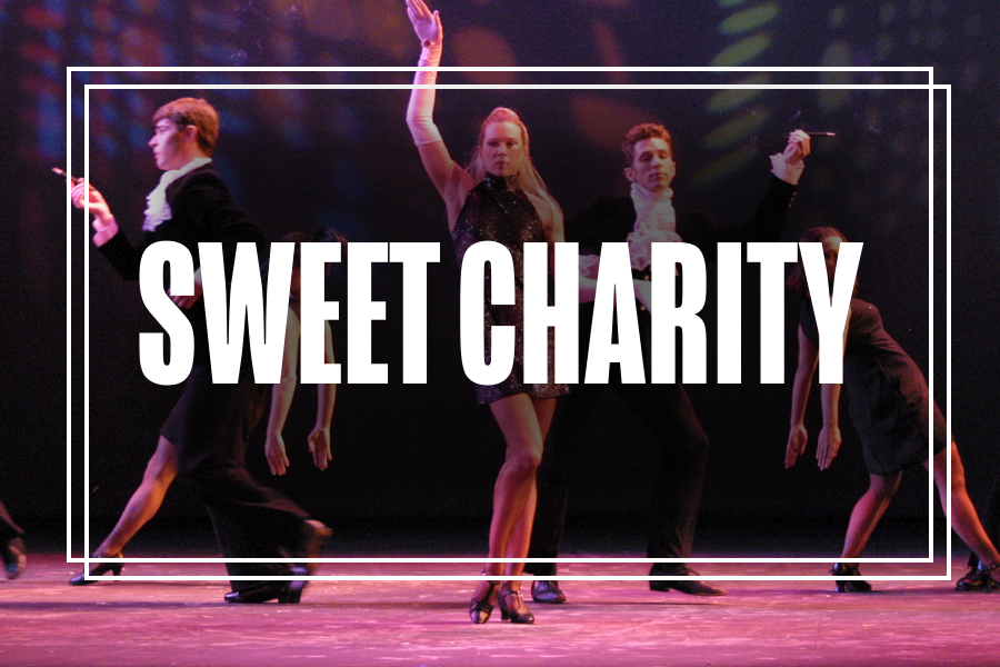"Sweet Charity" in white text overlaying a photo of Musical Theatre students performing.