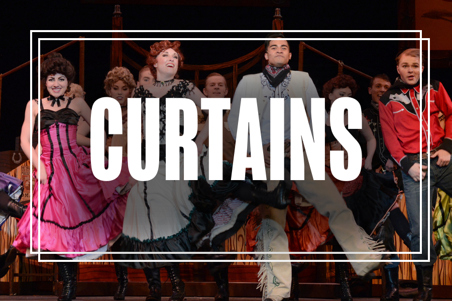 "Curtains" in white text overlaying a photo of Musical Theatre students performing.