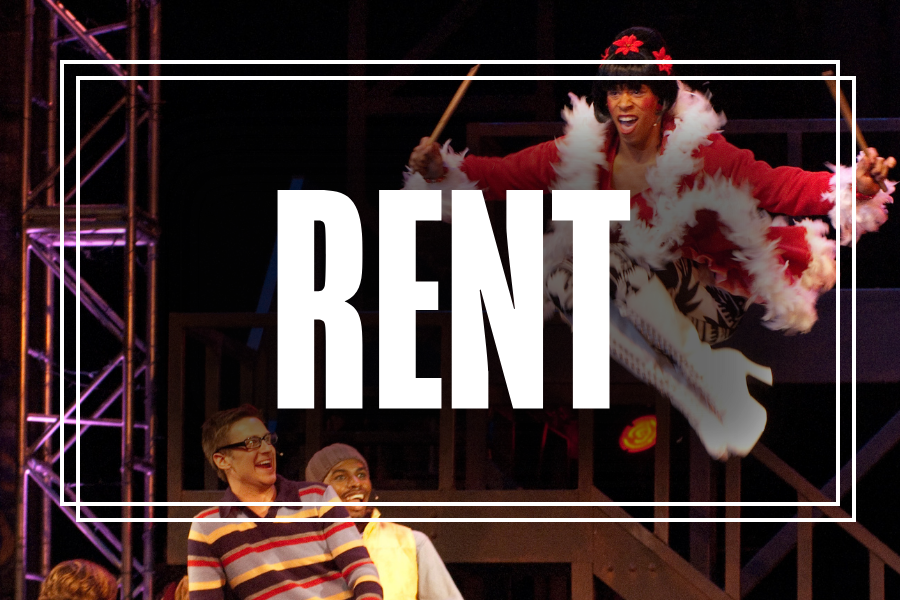 "RENT" in white text overlaying a photo of Musical Theatre students performing.