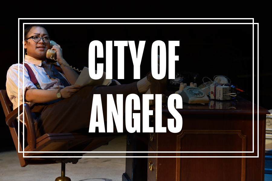 "City of Angels" in white text overlaying a photo of Musical Theatre students performing.