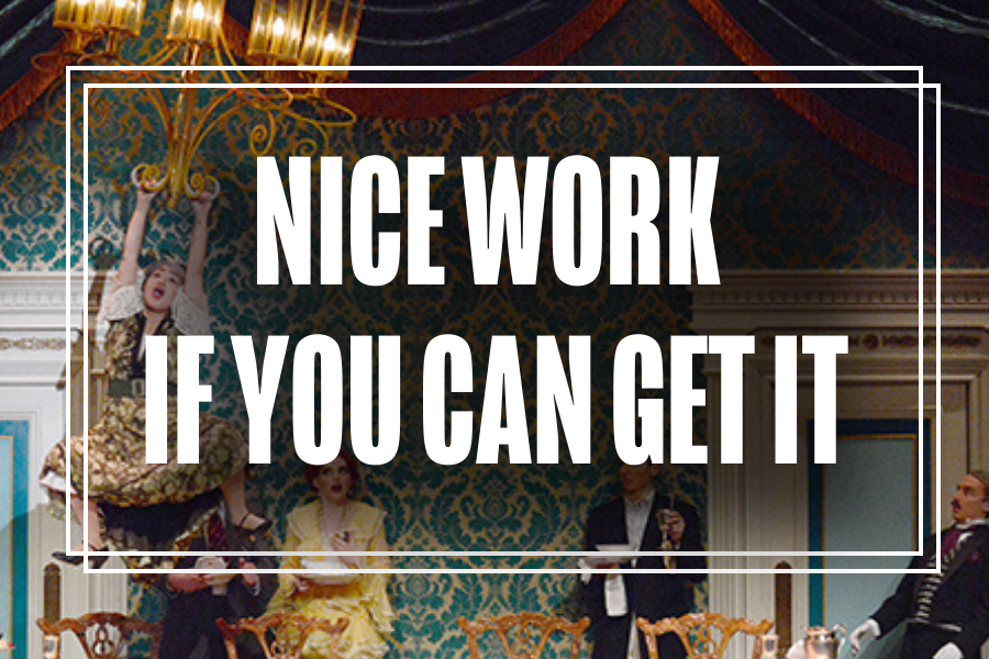 "Nice Work If You Can Get It" in white text overlaying a photo of Musical Theatre students performing.