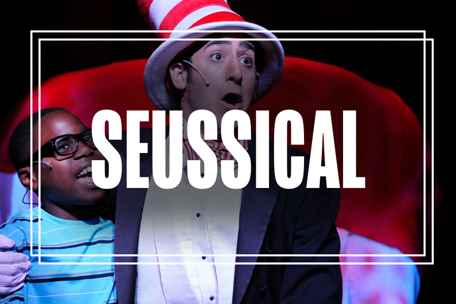 "Seussical" in white text overlaying a photo of Musical Theatre students performing.