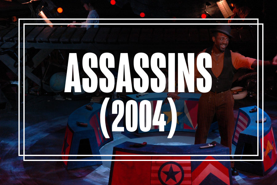 "Assassins (2004)" in white text overlaying a photo of Musical Theatre students performing.