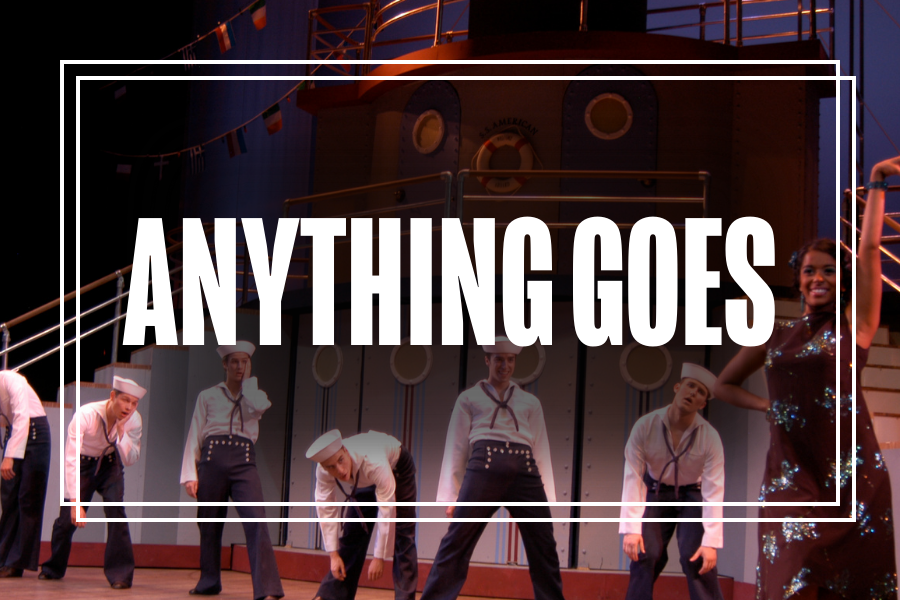 "Anything Goes" in white text overlaying a photo of Musical Theatre students performing.