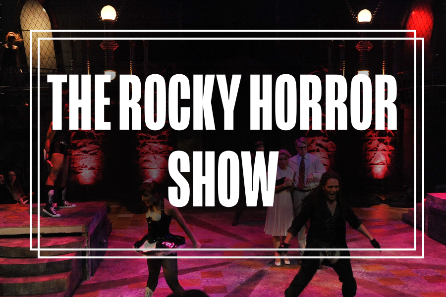 "The Rocky Horror Show" in white text overlaying a photo of Musical Theatre students performing.