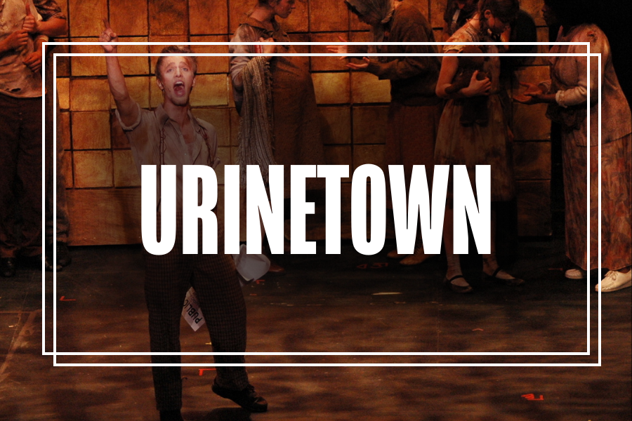 "Urinetown" in white text overlaying a photo of Musical Theatre students performing.