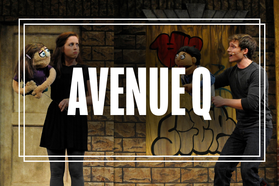 "Avenue Q" in white text overlaying a photo of Musical Theatre students performing.