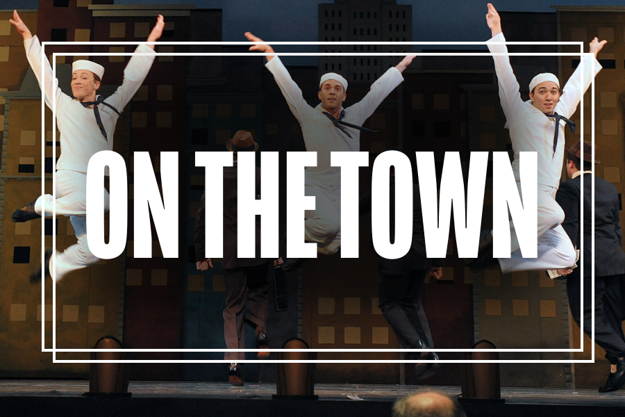 "On The Town" in white text overlaying a photo of Musical Theatre students performing.