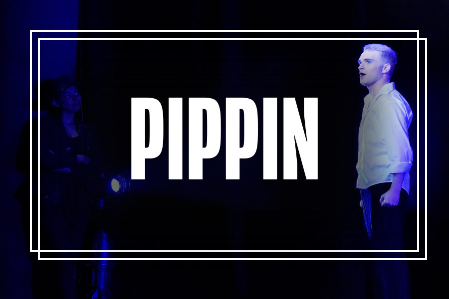 "Pippin" in white text overlaying a photo of Musical Theatre students performing.