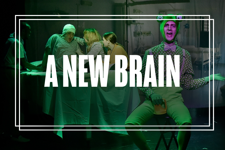 "A New Brain" in white text overlaying a photo of Musical Theatre students performing.