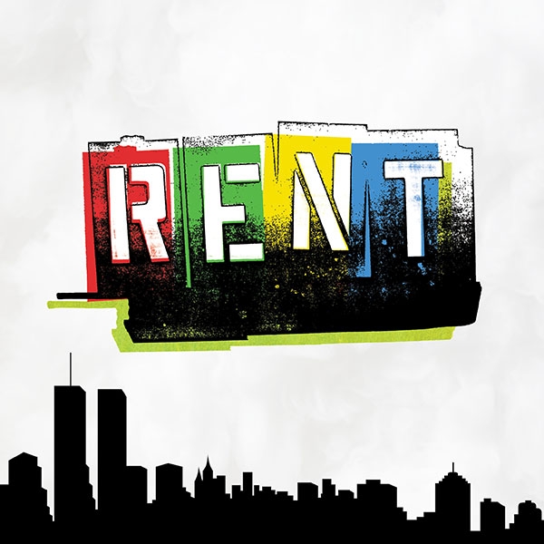 Rent logo on a late-20th century skyline of New York City. 