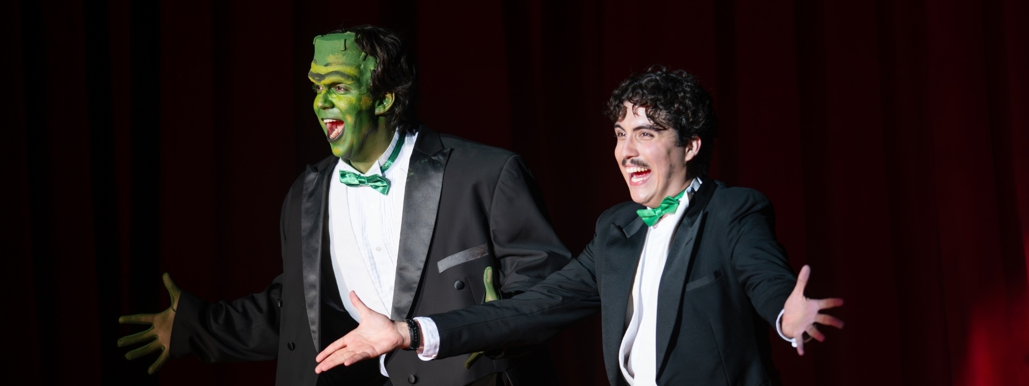 Three musical theatre students in a production of Young Frankenstein.
