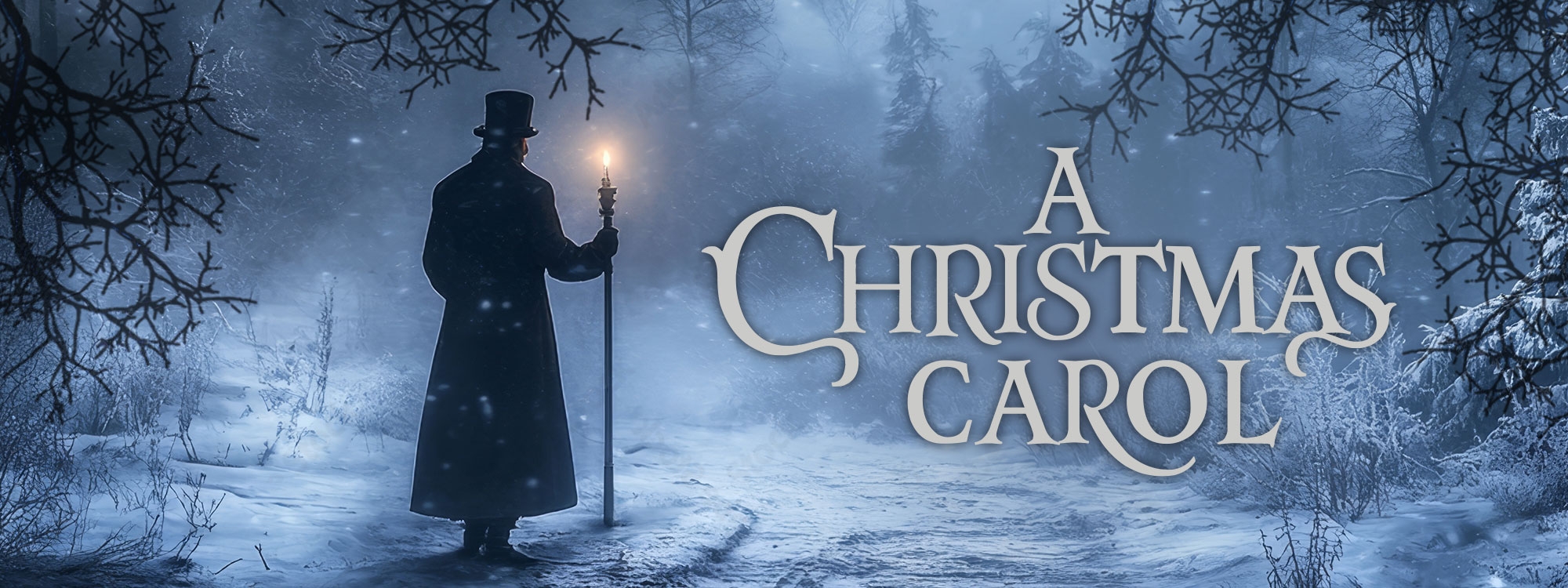 The silhouette of Ebenezer Scrooge holding a cane with the words "A Christmas Carol" in grey.