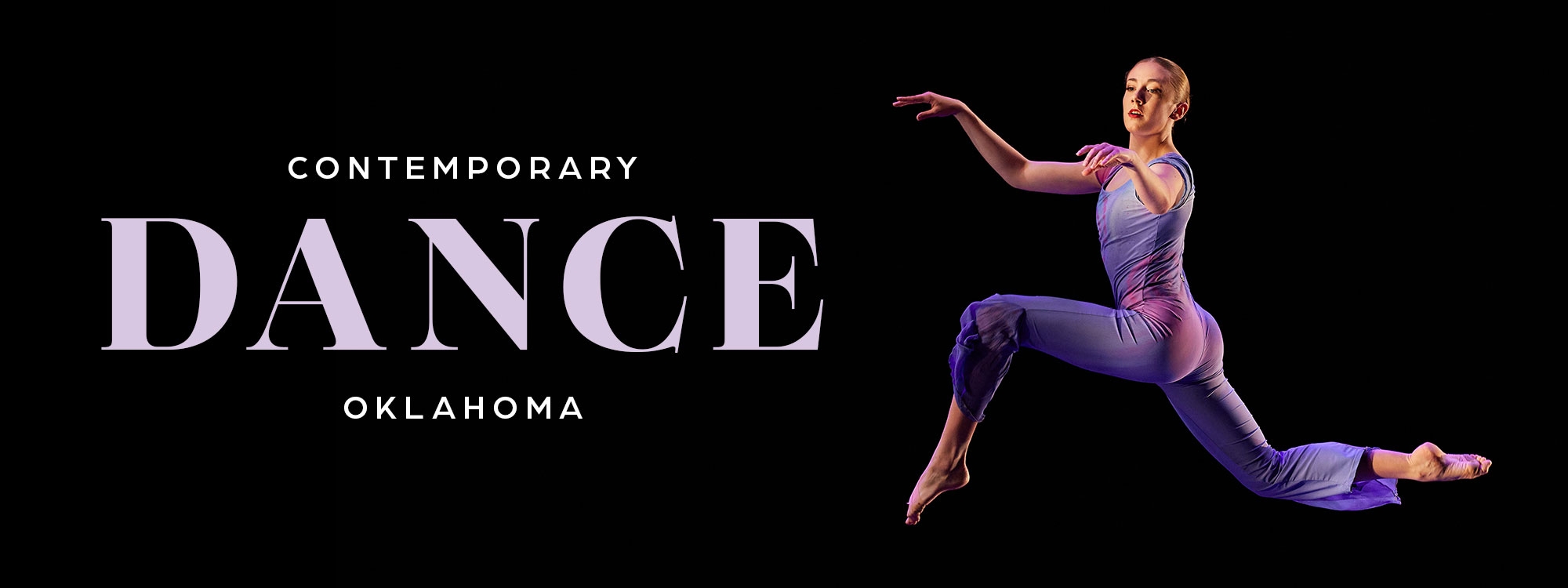 A dancer leaping through the air, with the words "Contemporary Dance Oklahoma" in white.