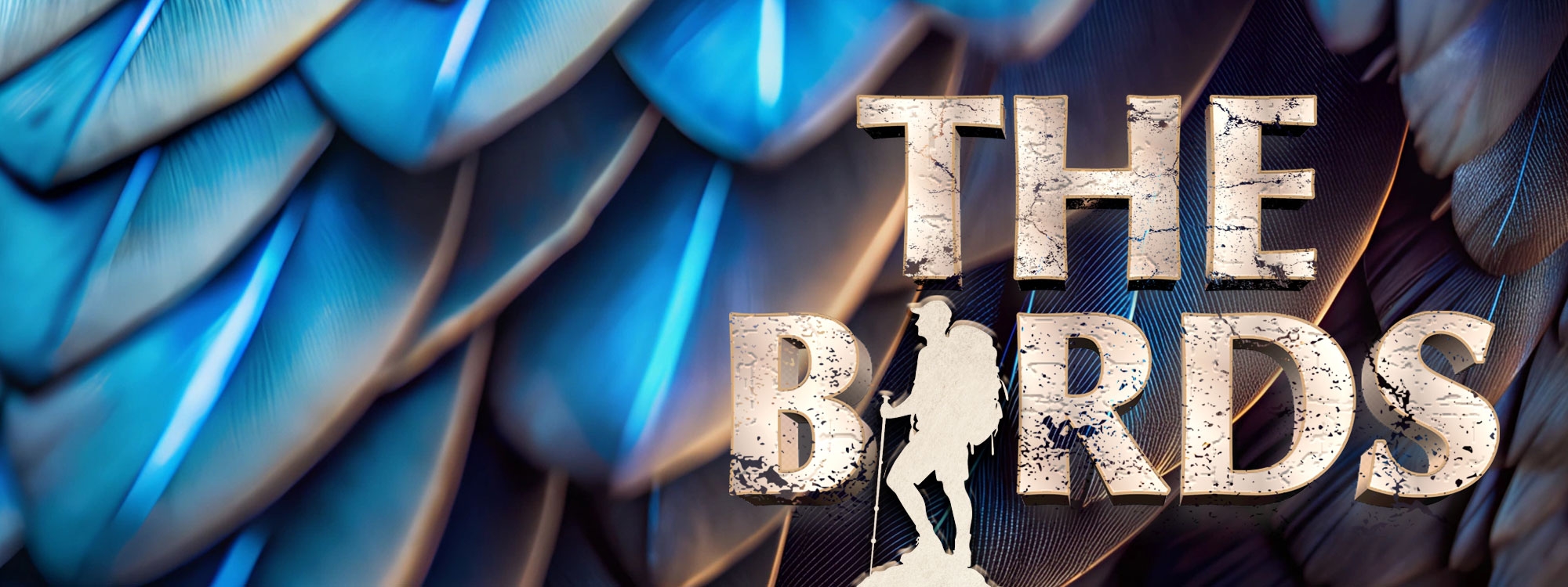 Blue and purple feathers with the words "The Birds" in cream.