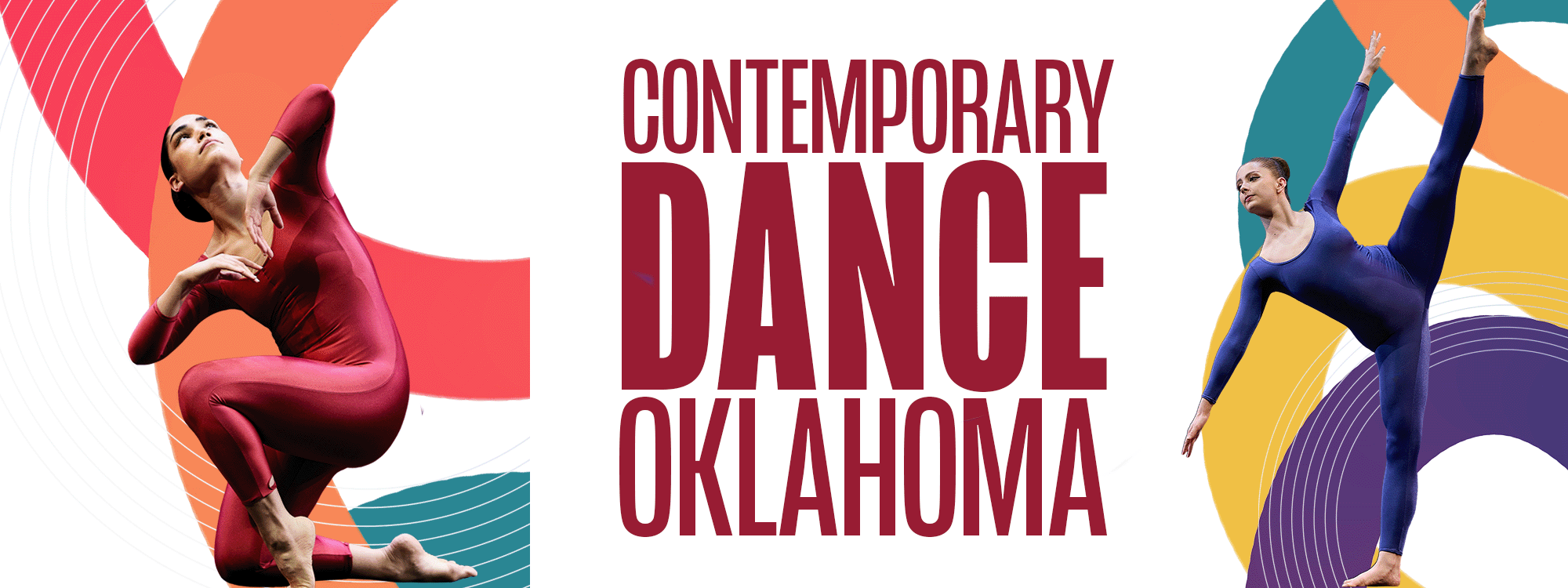 A dancer in blue unitard kicking up a leg and a dancer in a red unitard down on one knee with a white background and multi color rings and dark red Contemporary Dance Oklahoma