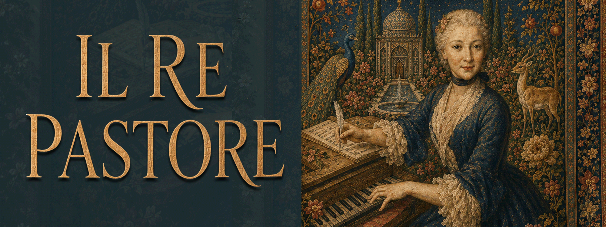 Tapestry background in navy, cream, and burgundy with Il Re Pastore and grey haired lady sitting at a desk.