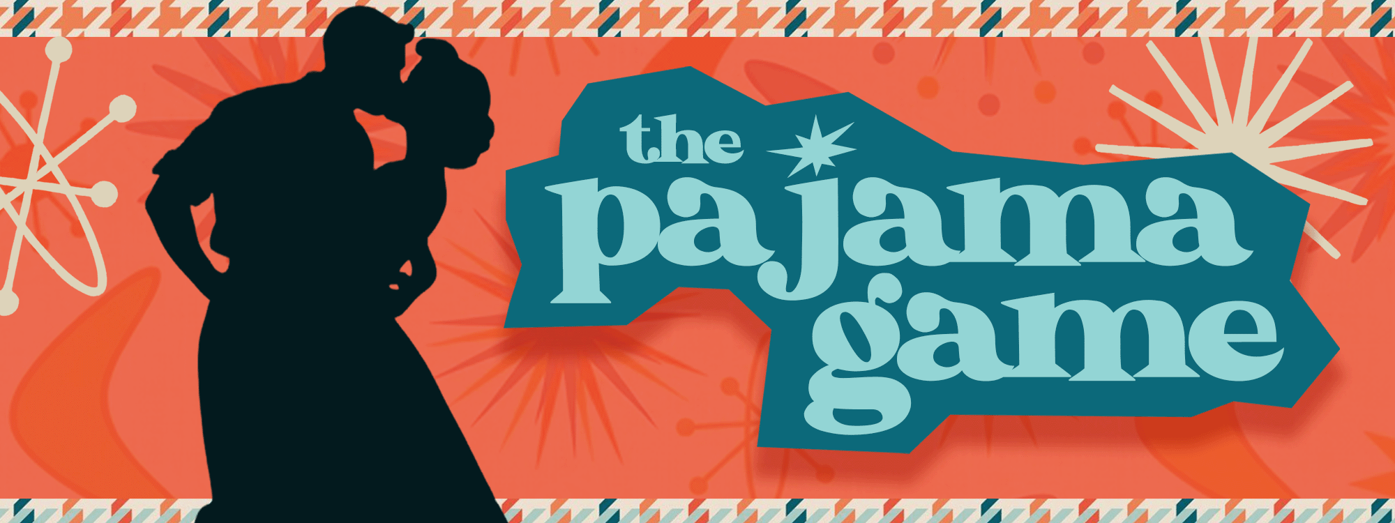 Silhouette of man and woman kissing with an orange background and teal plaid border