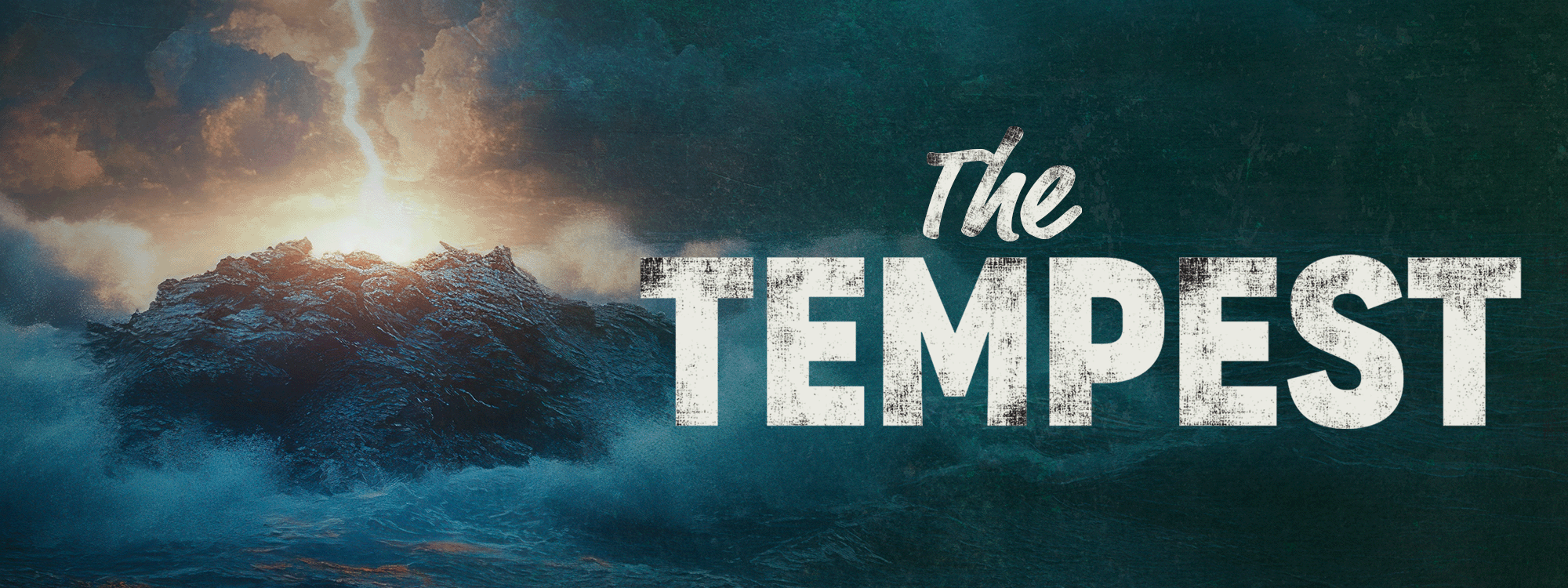 Dark sky and lightning storm above a rocky island and surrounded by an angry ocean with The Tempest in cream