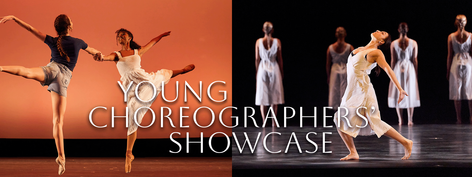 Two stacked photos of 6 dancers in white with black background and two dancers with orange background