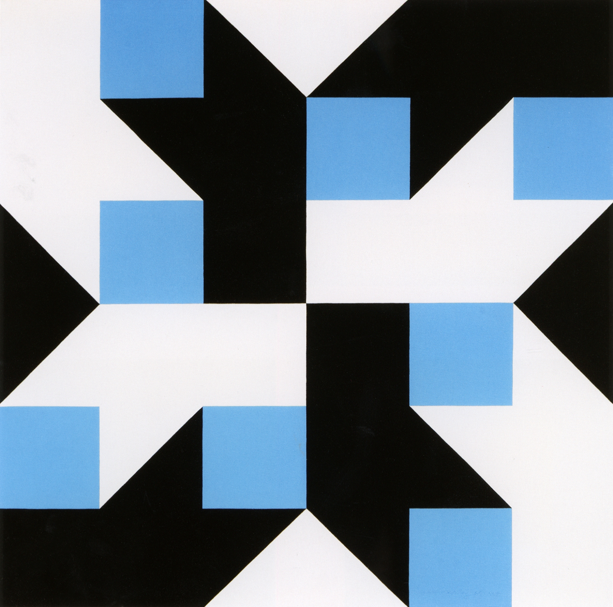 Abstract painting with black, white, and blue geometric shapes in a repeating pattern.