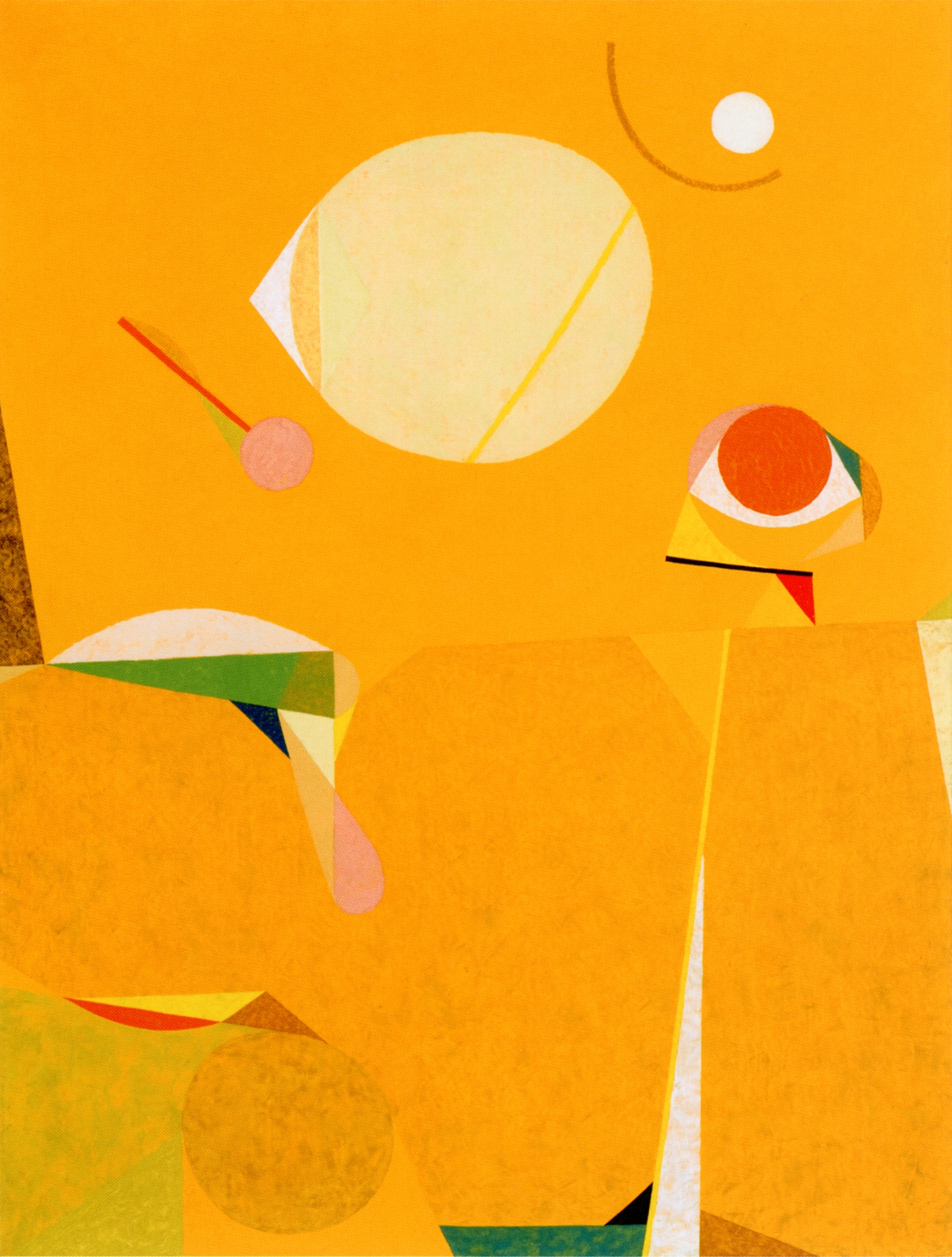 Abstract painting with geometric shapes in warm yellow, orange, and red tones, featuring circles, ovals, and angular forms on a vibrant yellow background.