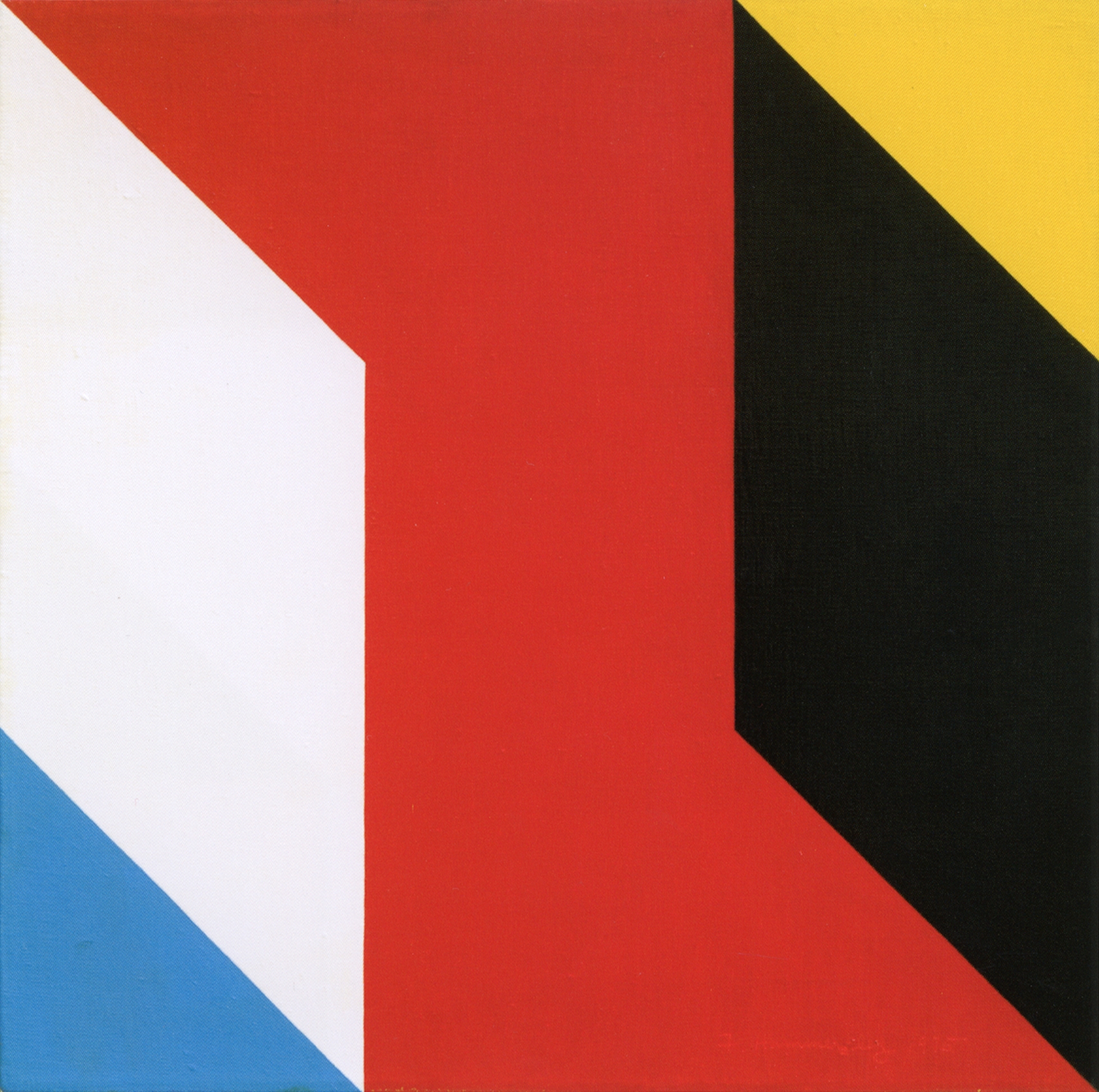 Abstract painting with bold geometric shapes in red, black, yellow, white, and blue.