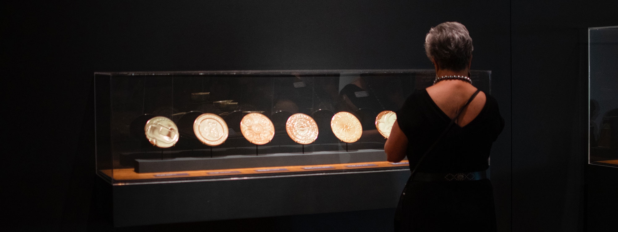 A person looking at an illuminated metallic plates.