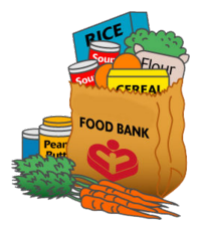 Grocery bag with Food Bank written on it, and groceries surrounding.
