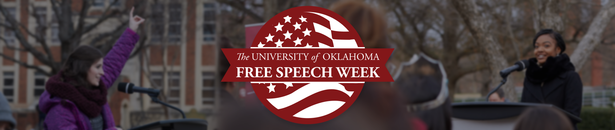 The University of Oklahoma Free Speech Week logo, with people standing near a podium on OU's campus