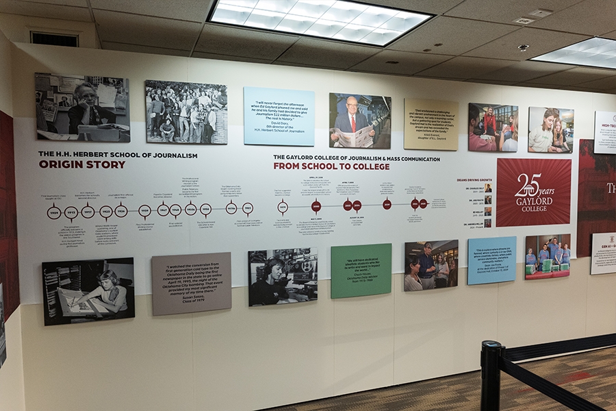A wall display with photos, quotes and a timeline showing the development of journalism programs at OU, from the H.H. Herbert School of Journalism to Gaylord College.