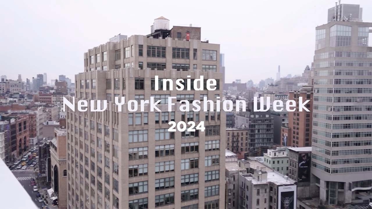 Inside New York Fashion Week 2024 with New York City skyline in background.