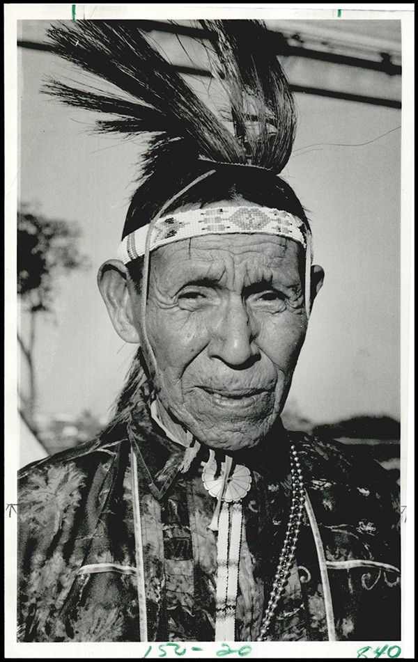 JOHNSON BILL INDIAN: UNKNOWN: Caption reads, Many moons have passed since Kickapoo Indian Pa-see-kah-me-ah strutted his stuff at his first war dance. Staff Photo by Tony Wood. Original Photo 09/29/1967. Published on O-9-30-67.