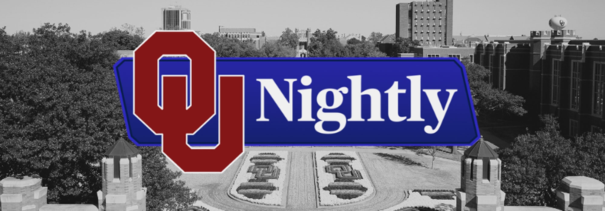 The OU Nightly logo overlayed across an aerial view of the OU Norman Campus.