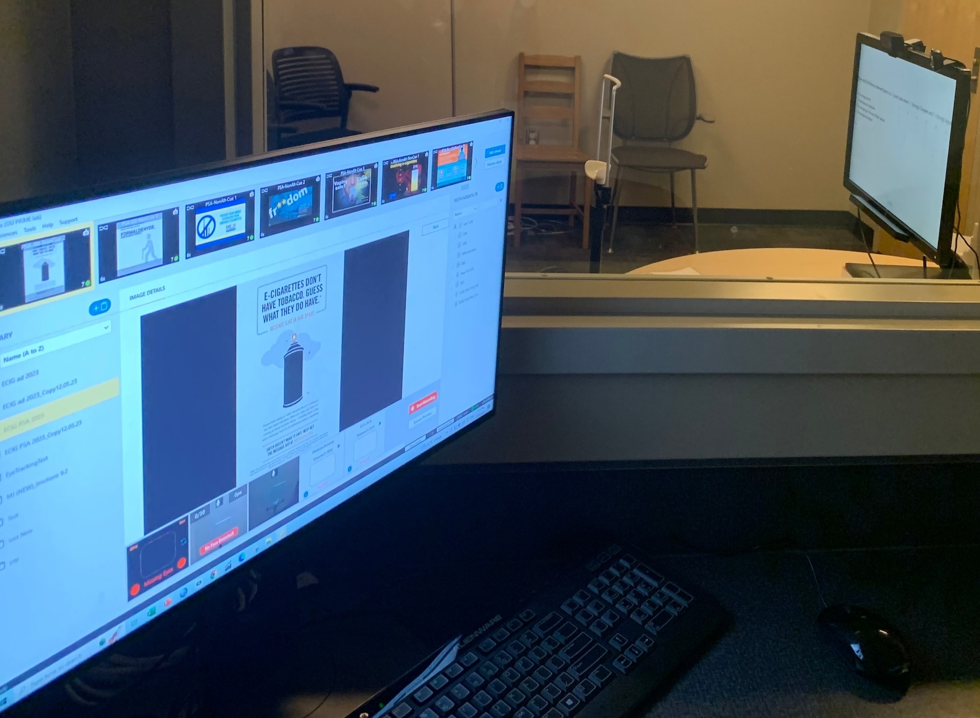 Computer monitor showing study step up and data collection in experimenter room.