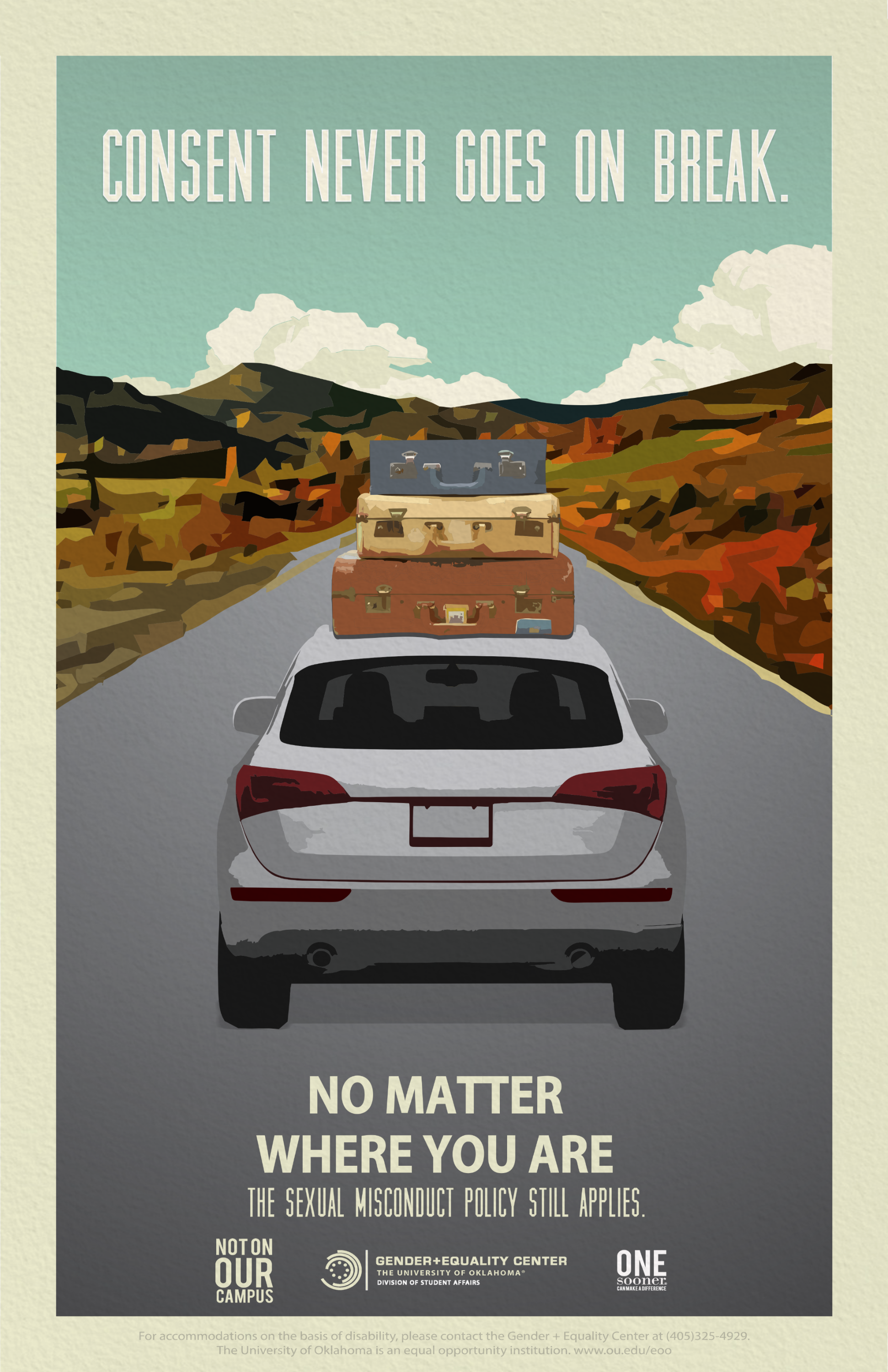 Illustration of a car with suitcases strapped to the roof, driving on a road.