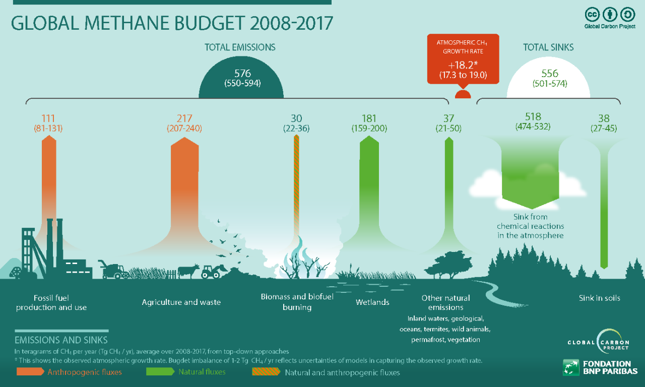 Graphic showing the Global Methane Budget from 2008-2017. Total emissions. 