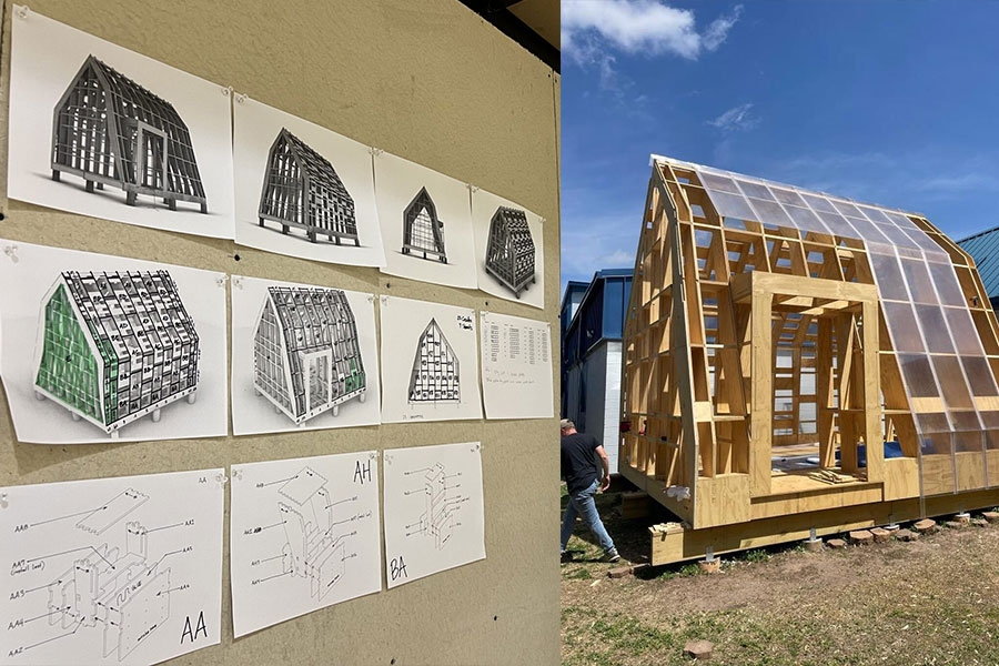 Greenhouse architectural plans next to a greenhouse under construction.