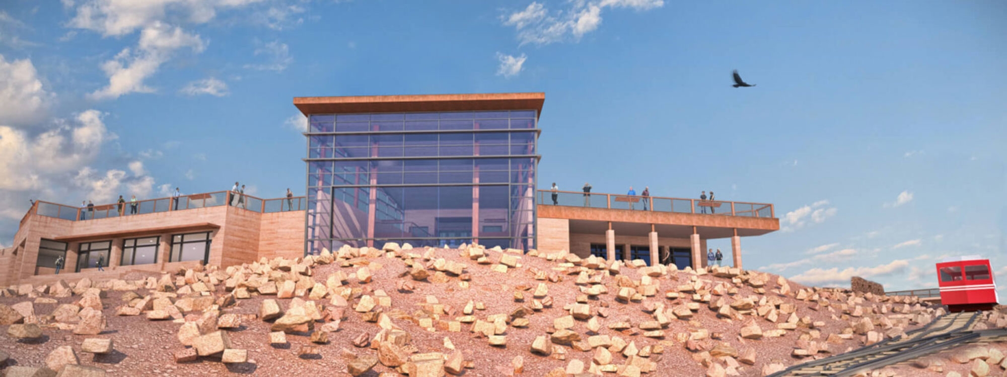 The exterior of the Pikes Peak Summit Visitor Center, with a blue sky in the background.